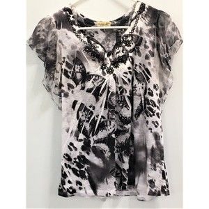 One World Live and Let Live Black and White Butterfly Print Women's Top